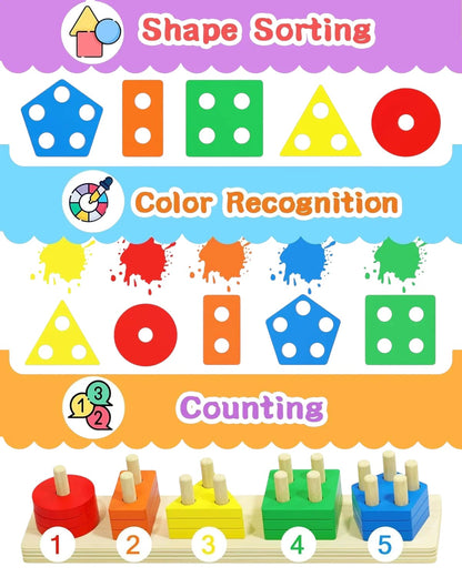 Essential Selects wooden Montessori shape sorting and counting toy with colorful geometric blocks for toddlers