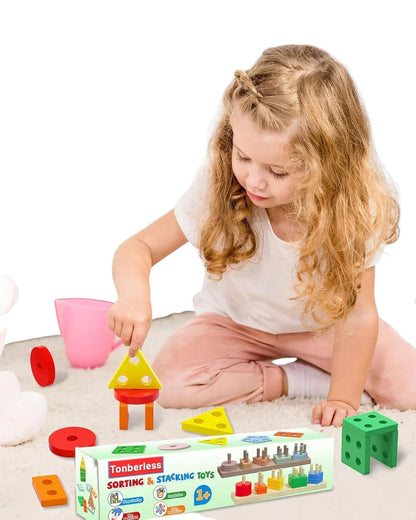 Essential Selects wooden Montessori shape sorting and stacking toy being played with by a young girl on a rug