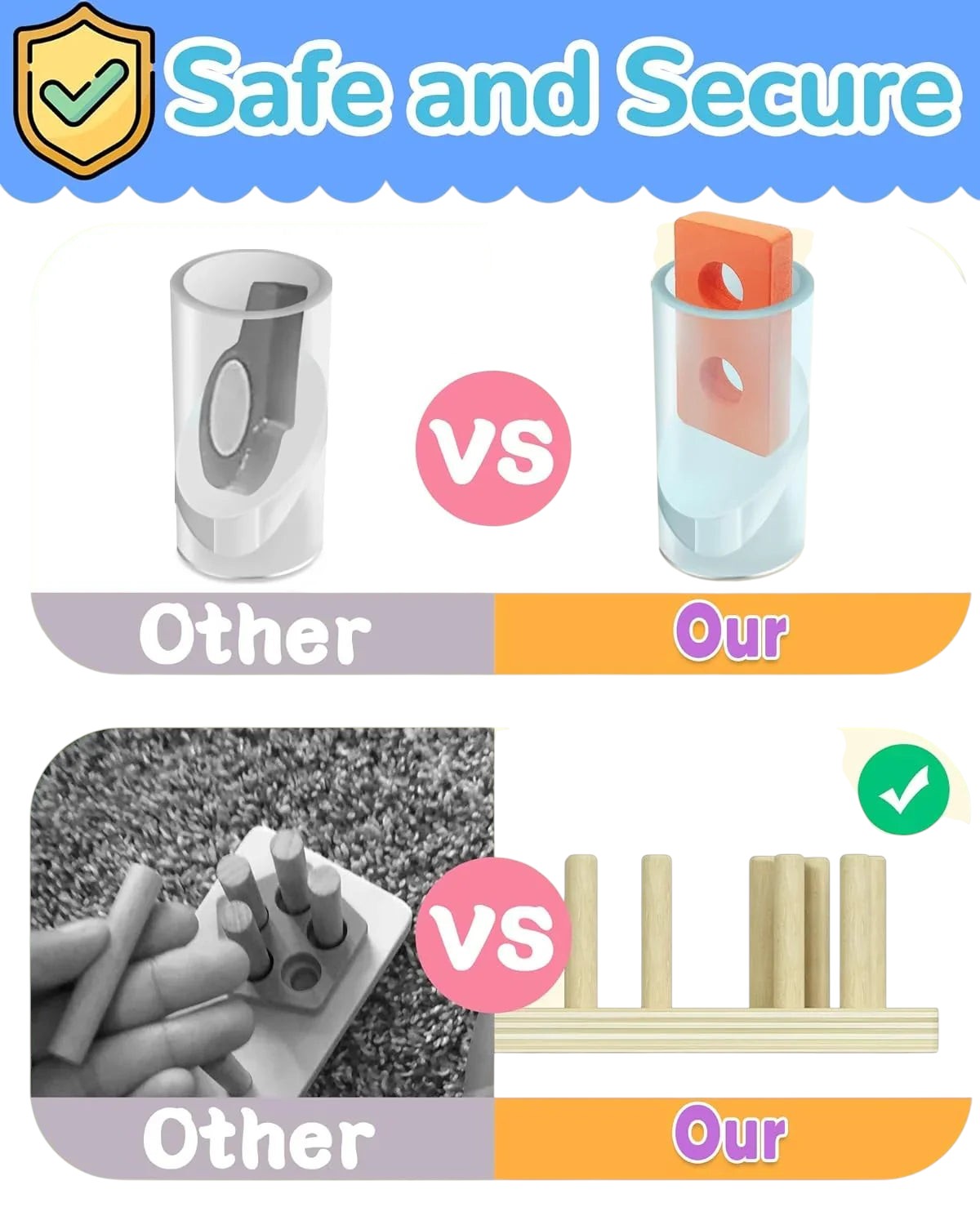 Essential Selects Montessori wooden shape sorting toy comparing safe, smooth-edged design to other standard puzzles.