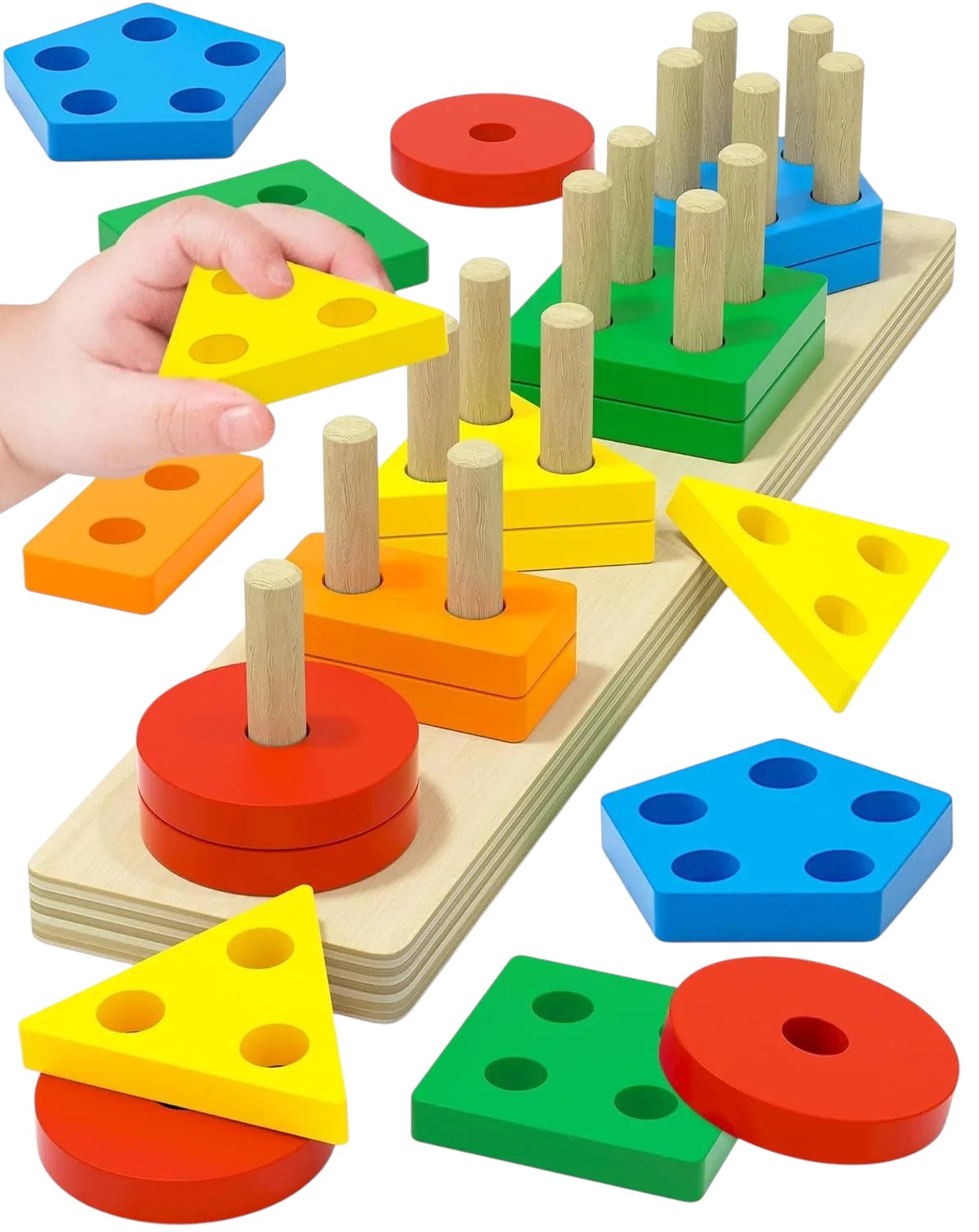 Essential Selects wooden Montessori shape sorting and stacking toy with colorful geometric blocks for toddlers
