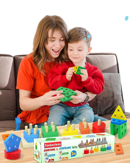 Essential Selects Montessori wooden shape sorting and stacking toy set with a mother and child playing together