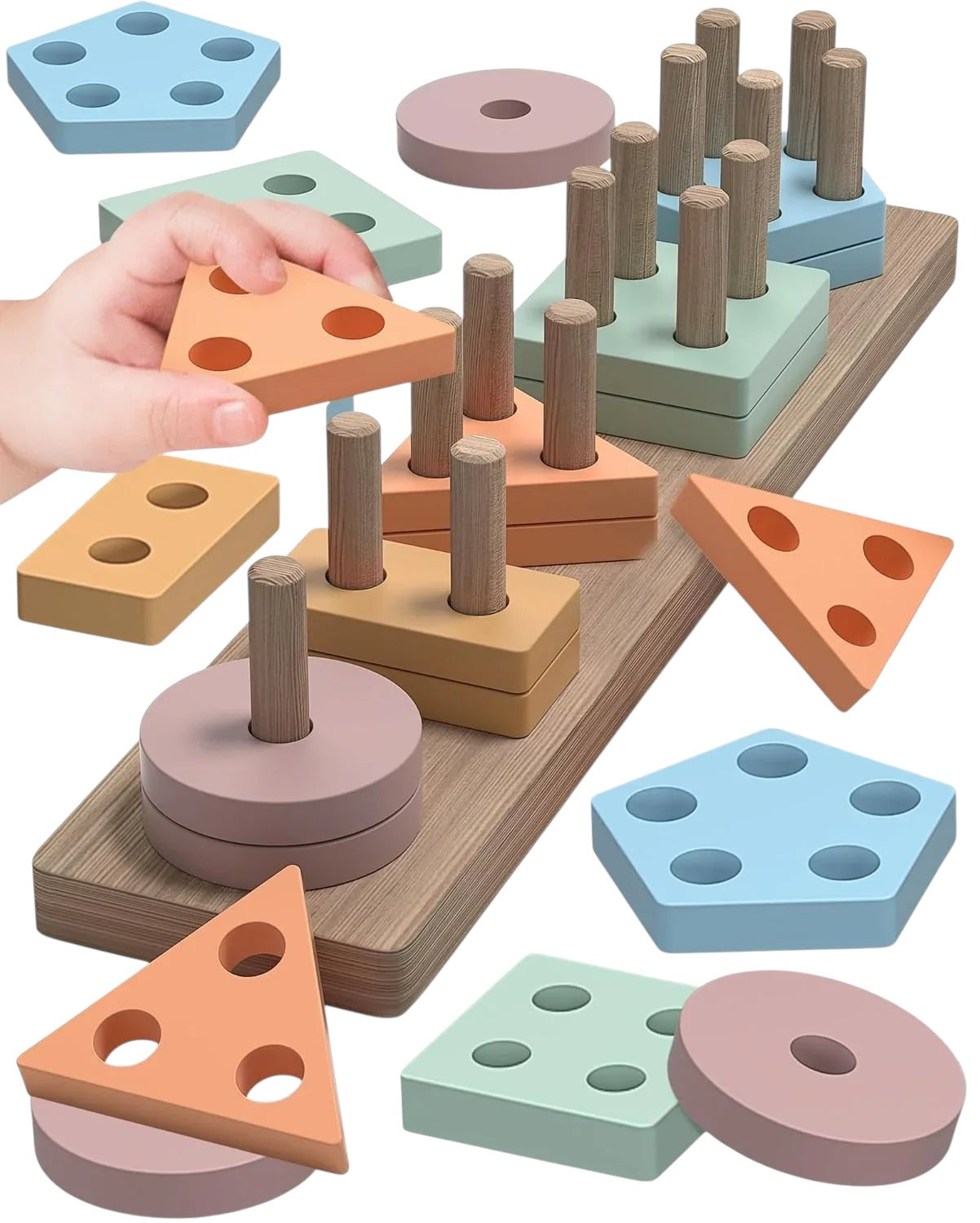 Essential Selects wooden Montessori shape sorting and stacking puzzle toy with colorful geometric blocks for toddlers
