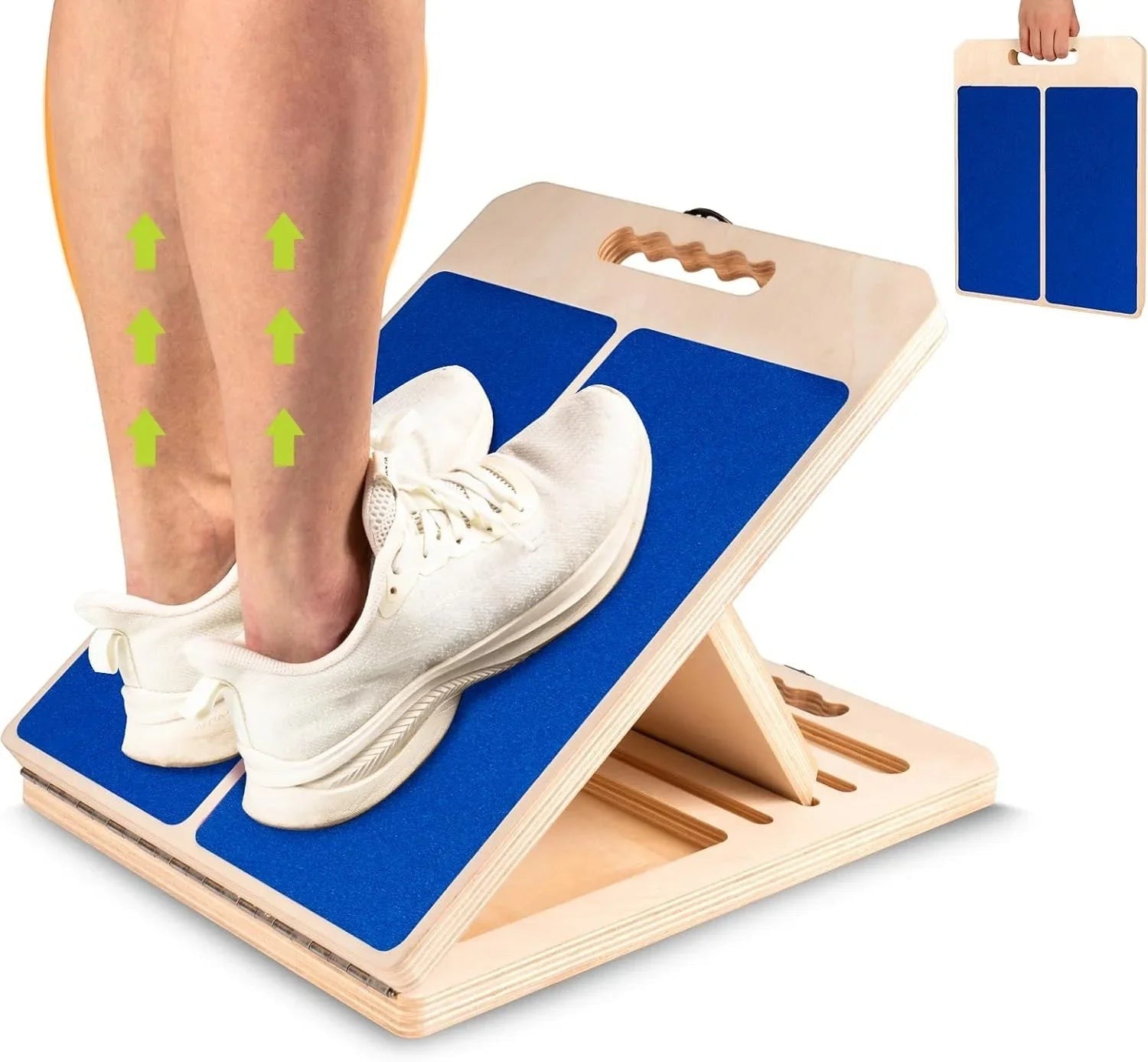 Essential Selects wooden slant board with blue non-slip surface for calf stretching and physical therapy exercises.