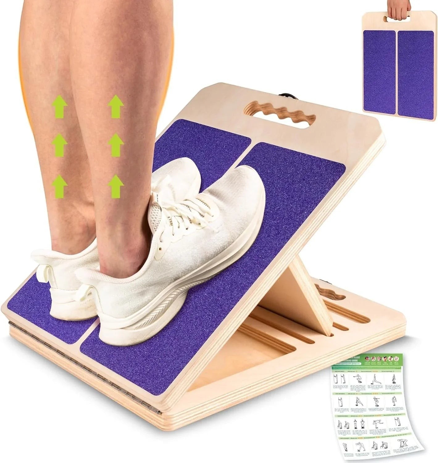 Essential Selects adjustable wooden slant board with purple non-slip surface for calf stretching and physical therapy