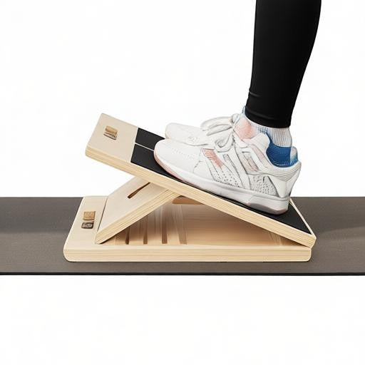 Essential Selects wooden slant board for calf stretching with adjustable incline and non-slip surface in use