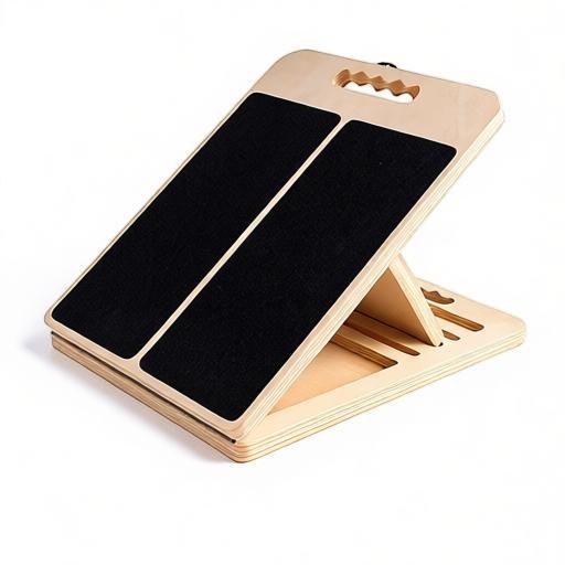 Essential Selects adjustable wooden slant board with black non-slip grip for calf stretching and physical therapy.