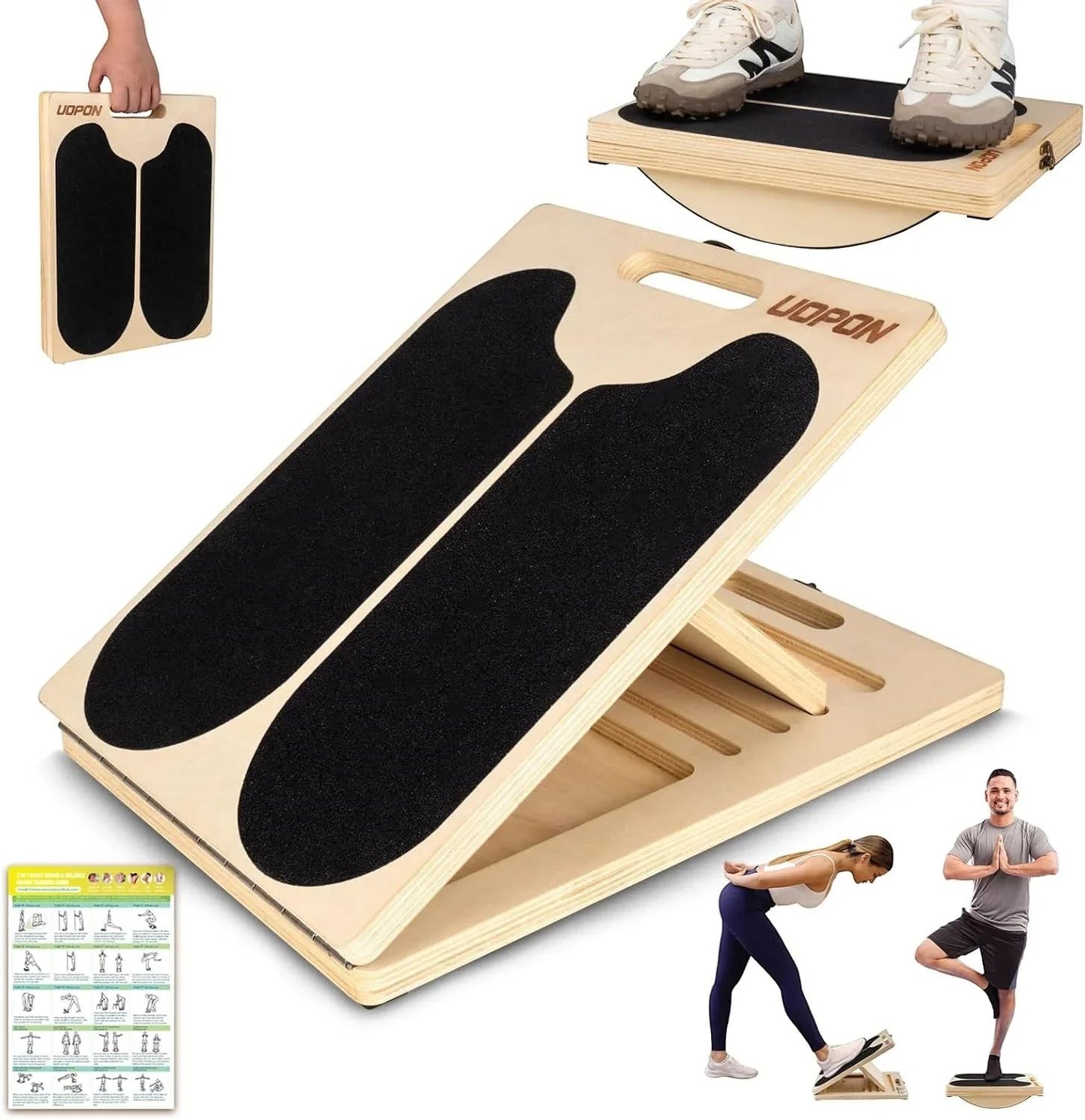 Essential Selects UOPON wooden slant board with adjustable angles, non-slip grip, and foldable design for calf stretch