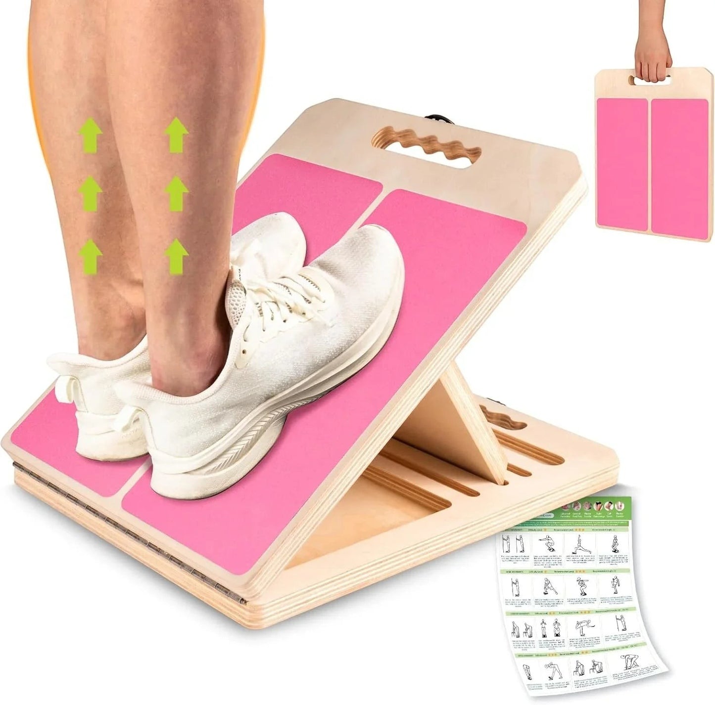 Essential Selects adjustable wooden slant board with pink non-slip surface for calf stretching and physical therapy