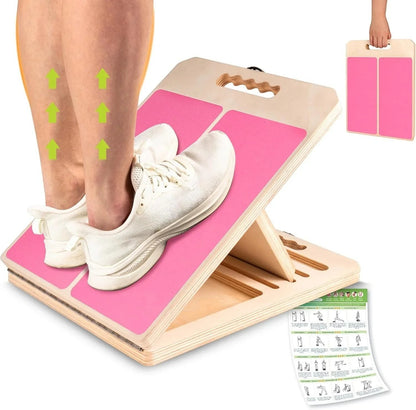 Essential Selects adjustable wooden slant board with pink non-slip surface for calf stretching and physical therapy