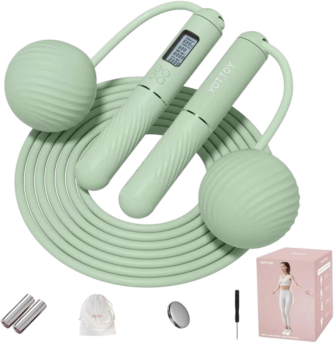 Essential Selects YOTTOY cordless jump rope in sage green with LED counter, silicone handles, and weighted balls.