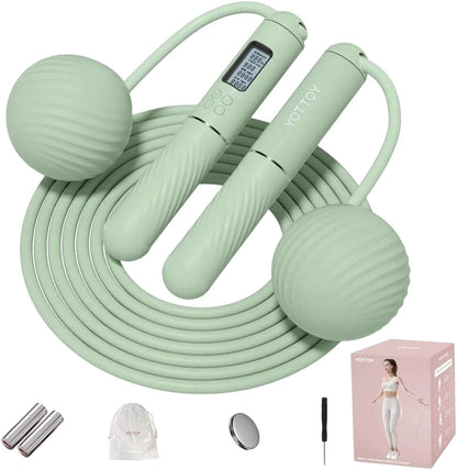 Essential Selects YOTTOY cordless jump rope in sage green with LED counter, silicone handles, and weighted balls.