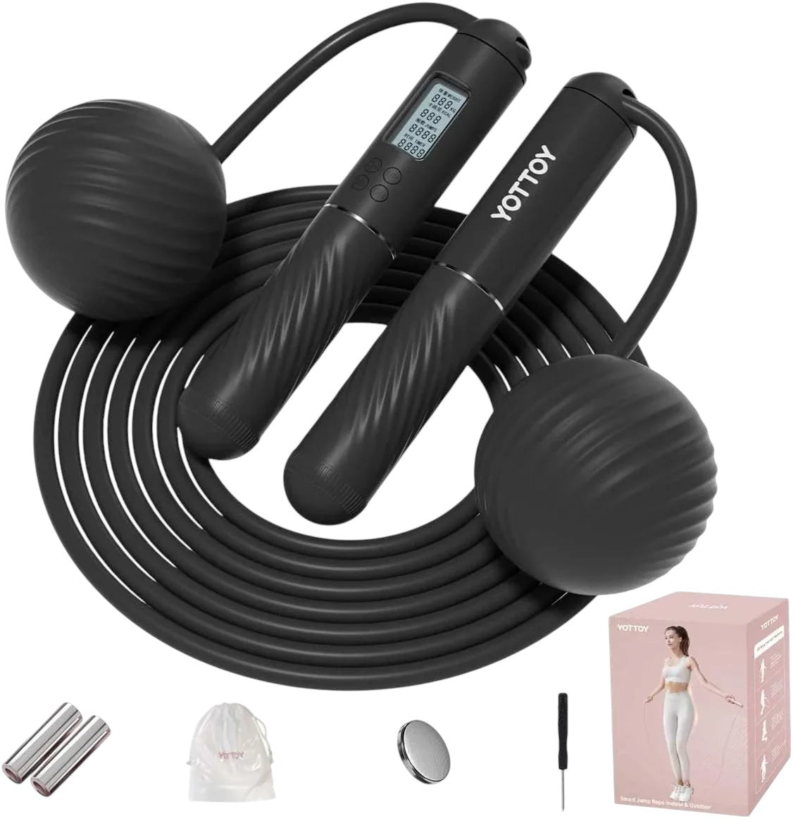 Essential Selects YOTTOY black cordless jump rope with LED counter display, silicone handles, and weighted balls.