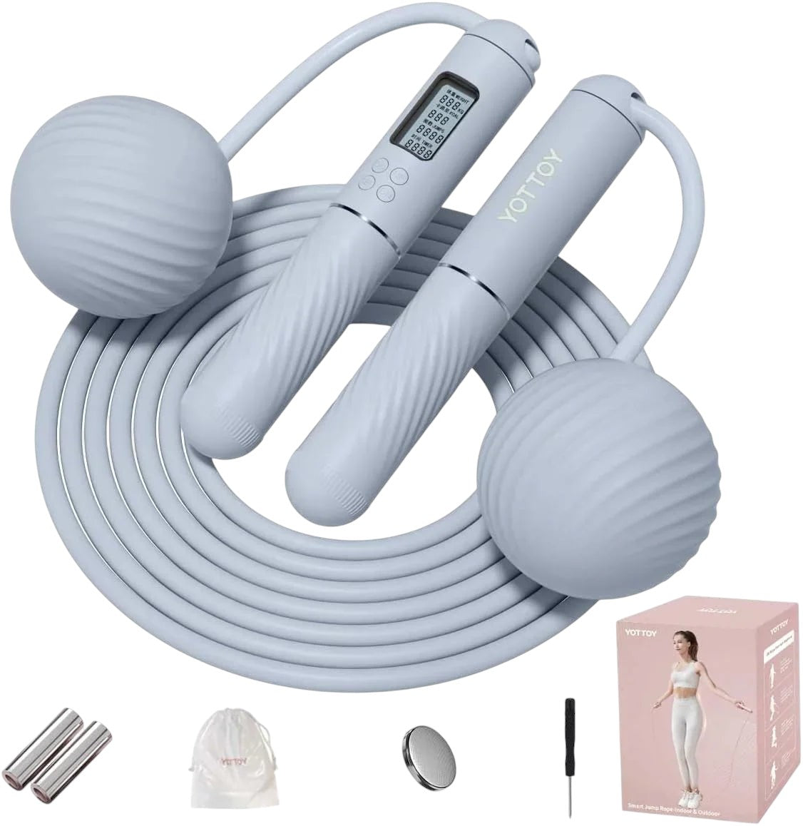 Essential Selects YOTTOY pink cordless jump rope with digital LED counter, silicone handles, and weighted balls.