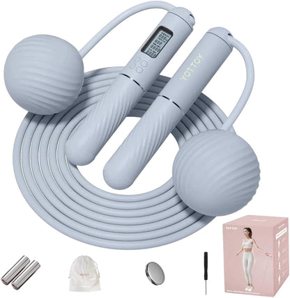 Essential Selects YOTTOY pink cordless jump rope with digital LED counter, silicone handles, and weighted balls.