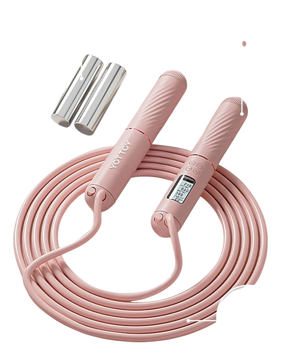 Essential Selects YOTTOY pink cordless jump rope with LED counter, silicone handles, and detachable steel load blocks.