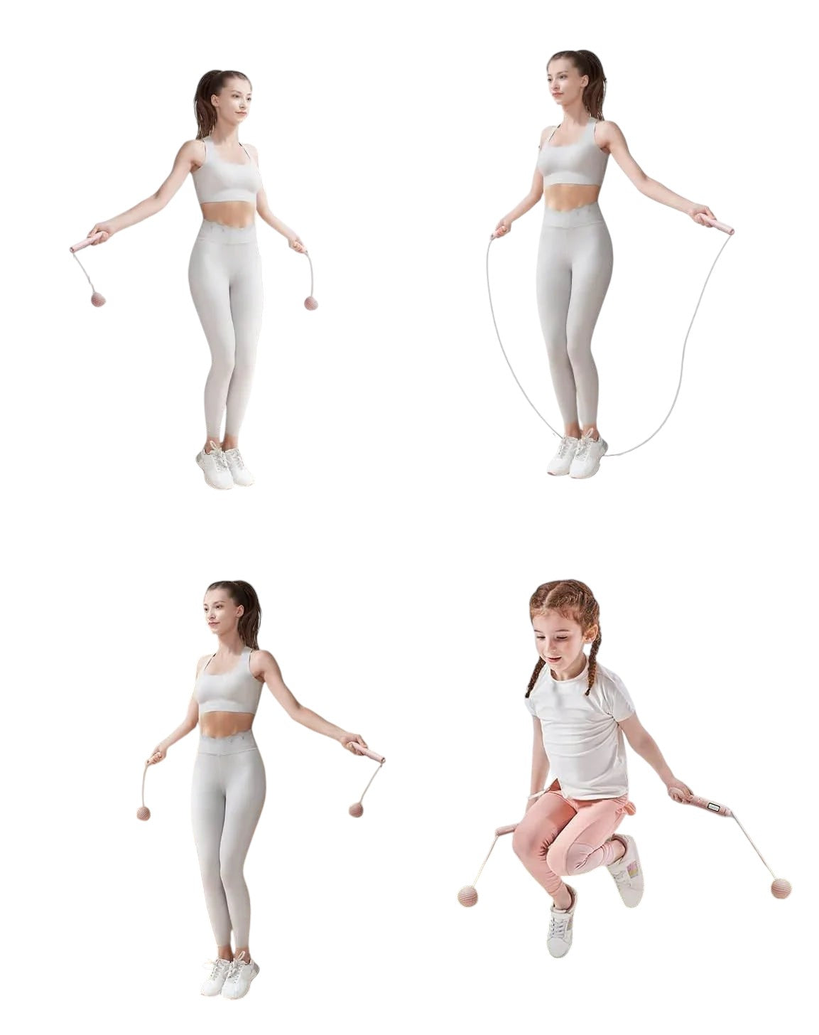 Essential Selects YOTTOY pink cordless jump rope with digital counter being used by women and a girl in various settings