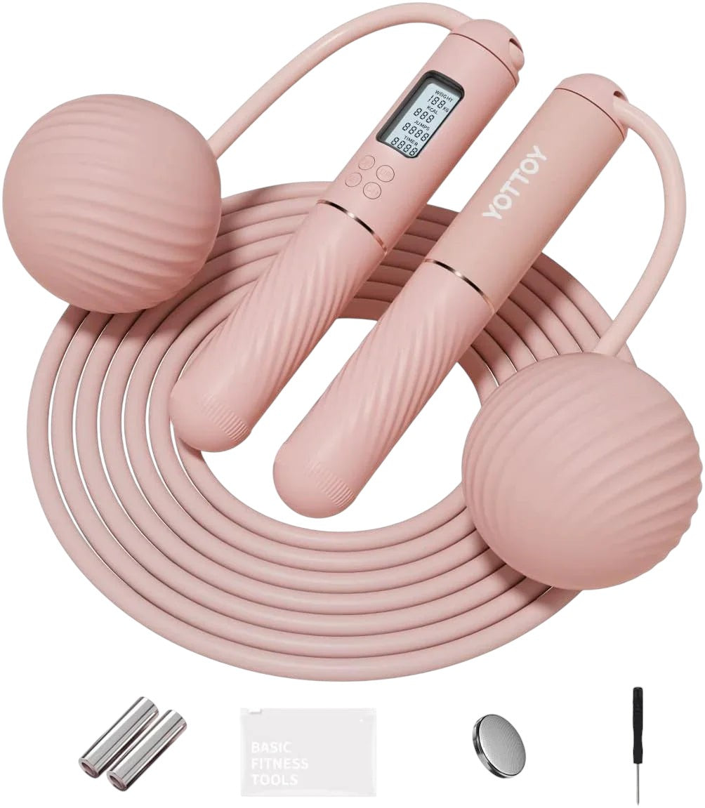 Essential Selects YOTTOY pink cordless jump rope with digital counter, silicone handles, and weighted massage balls.