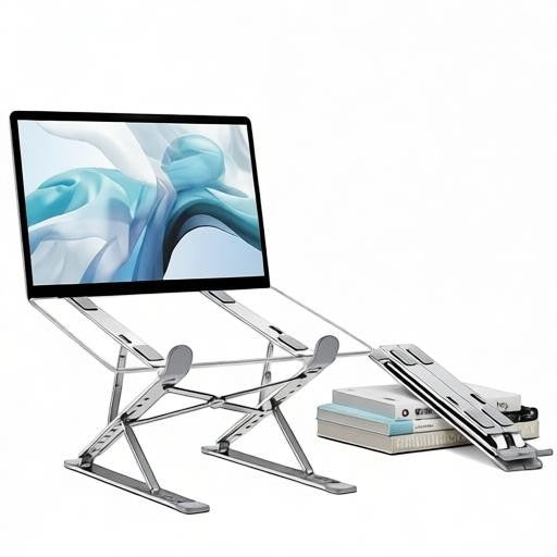 Essential Selects YYLMONE adjustable silver aluminum alloy laptop stand holding a laptop on a desk