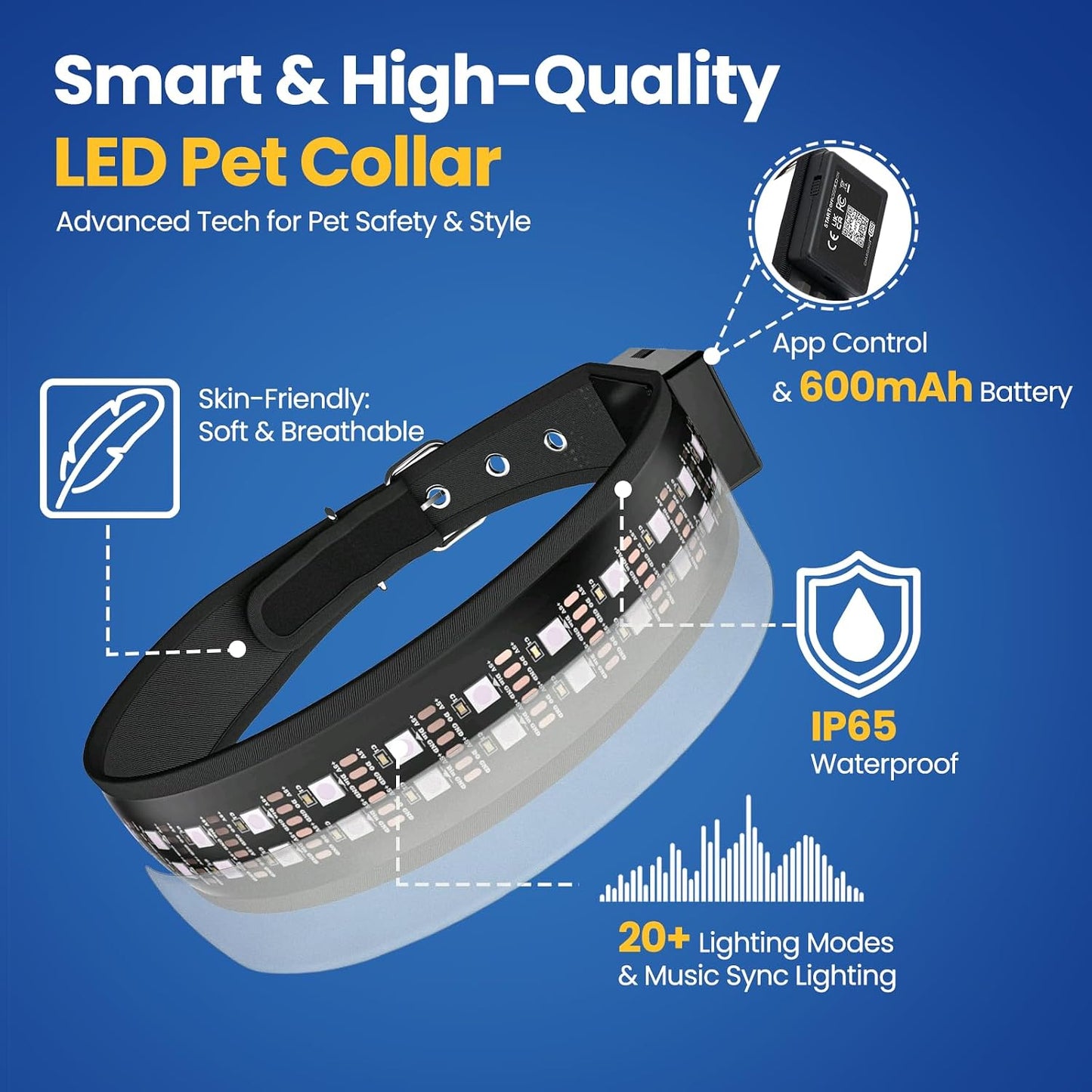 UNISE Customizable LED Dog Collar: RGB Color Changing Light up Dog Collar, 20+ Lighting Modes & Adjustable Brightness for Night Safety, IP65 Waterproof, App Controlled, Fits Small Medium Large Dogs