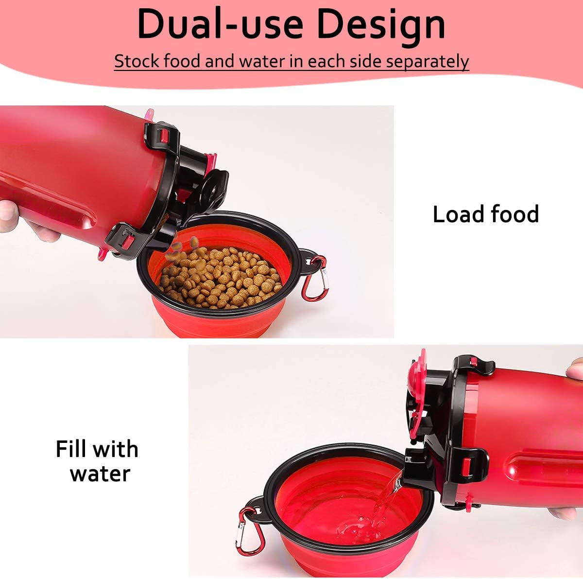 Esing Dog Water Bottles W/Bowls Pet Portable Drinking Bottle Puppy Travel Dispenser Doggie Kettle Kittens Feeding Cup W/Food Container (Red)